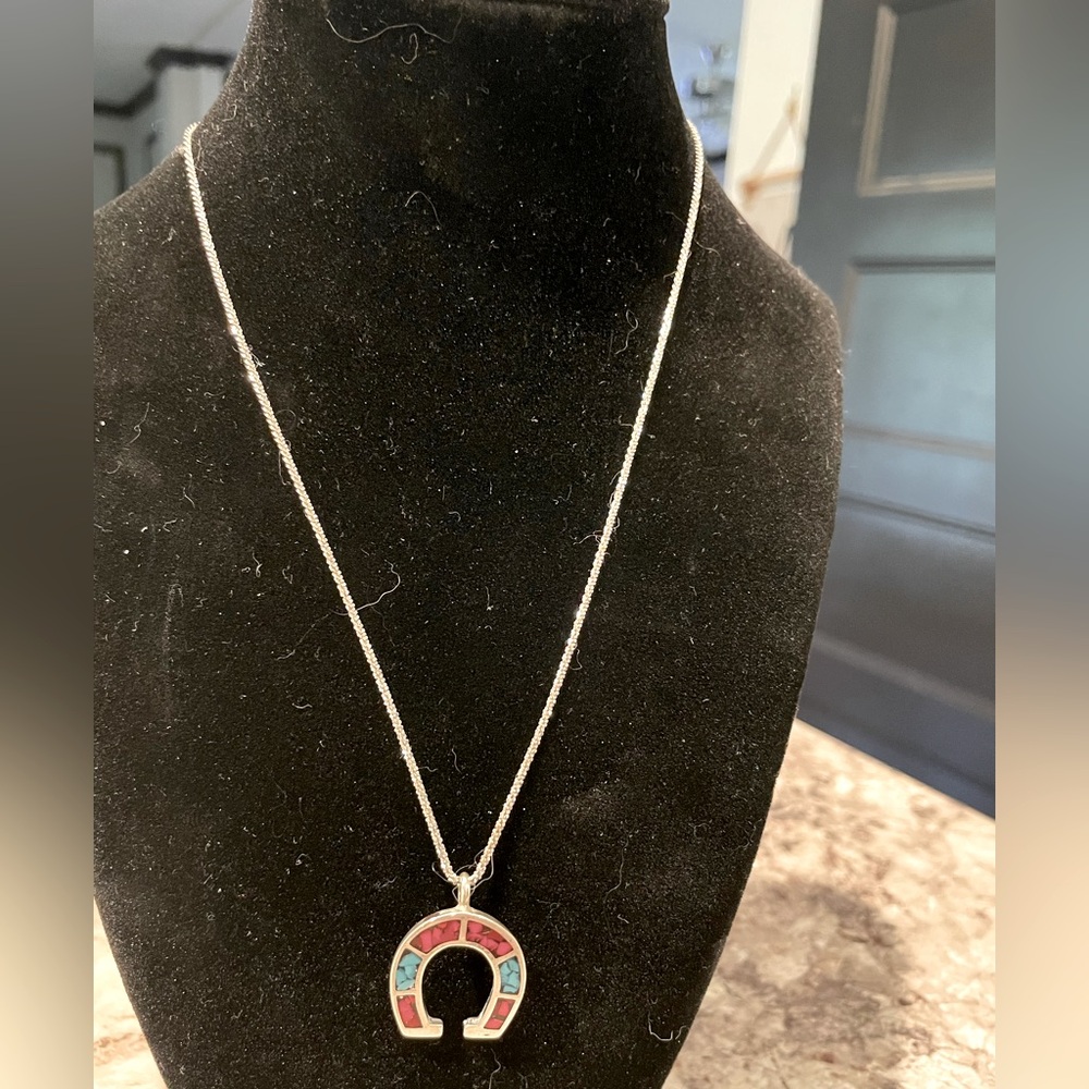 Vintage Native American Inlaid Turquoise And Coral Horseshoe Pendant